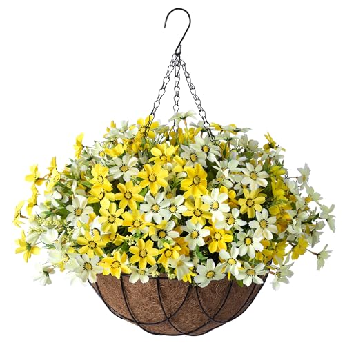 INXUGAO Artificial Silk Flowers Hanging Baskets Outdoors,Chrysanthemum with Eucalyptus Leaves Arrangement for Garden Yard Decor,Faux Plant in Metal Coconut Lining Flowerpot(Yellow) - color: B-yellowwhite