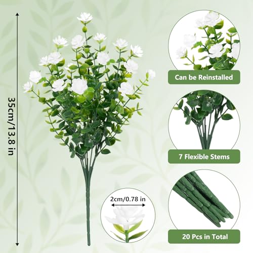 Bassion 20 Bundles Artificial Flowers for Outdoors, UV Resistant Faux Plants Outdoor Indoor Fake Flowers Plastic Greenery Shrubs Eucalyptus Stems for Garden Fence Patio Window Box Porch Pot Decor - color: White