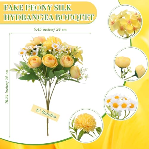 Tigeen Peonies Artificial Flowers Faux Roses Silk Flowers Hydrangea Artificial Bouquet for Wedding Table Centerpiece Floral Vase Home Office Bridal Decor(Light Yellow,12 Bundles) - color: Light Yellow