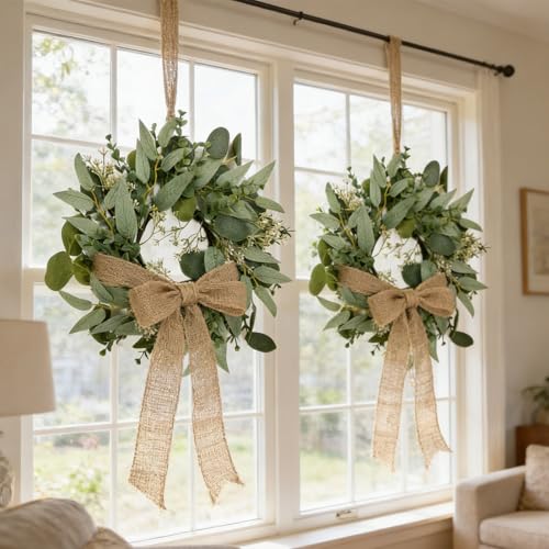 6 Pcs Mini Eucalyptus Wreaths for Cabinets with Greenery Artificial Leaves Spring Summer Small Candle Rings Wreaths for Home Kitchen Front Door Window Farmhouse Porch Wall Hanging Decor - color: Green