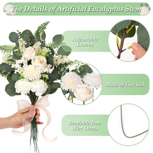 120PCS 15 Kinds Artificial Eucalyptus Stems Mixed Faux Eucalyptus Stems Leaves and Flowers Bulk Silver Dollar Eucalyptus Stems for Floral Arrangements Wedding Home Vase Bouquet Greenery Decoration - color: Sage Green & White