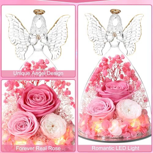 Mothers Day Rose Gifts for Women Preserved Real Flower in Glass Angel Figurines Roses for Delivery Prime Birthday Gifts for Mom Grandma Girlfriend Wife Her,Pink Austin Roses - color: Pink With Austin Roses