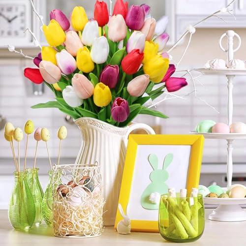 28pcs Multicolor Flowers Artificial Tulip Stems Real Feel PU Tulips for Easter Spring Wreath Wedding Bouquet Centerpiece Floral Arrangement Cemetery Table Décor 13" Tall - color: Multi Color