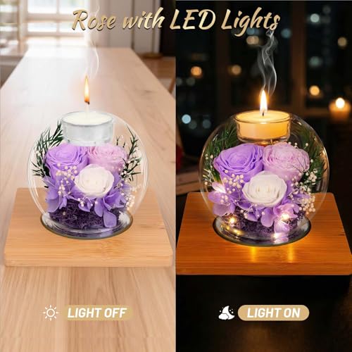 ENERLEAF Preserved Light Purple Real Rose in Glass with Scented Candles – Forever Flower Romantic Anniversary Christmas Birthday Valentines for Mom, Women, Wife, Girlfriend, Her, Grandma - color: Glass-light Purple