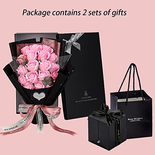 EIGHTOWN Roses Bouquet Artificial Flower - Preserved Pink Rose Flowers with Love Necklace for Her - Unique Gifts Valentine's Day, Mother's Day, Thanksgiving, Birthday, Anniversary - color: Cute Pink