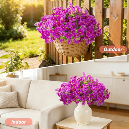 BSGlobal 12 Bundles Artificial Flowers for Outdoors Decoration, Faux Silk Morning Glory Flowers UV Resistant Fake Eucalyptus Plants for Spring Summer Garden Patio Home Decor (Fuchsia) - color: Fuchsia