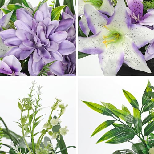 Hollyone Artificial Cemetery Flower for Graves, White Purple Faux Lily Dahlia Flowers in Pot Silk Cemetery Memorial Flowers for Outdoors Gravesites Headstones Home Decoration - color: Purple-dahlia Lily