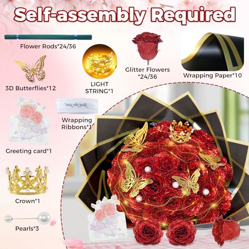 Red Glitter Roses Bouquet, 24 Pcs Shiny Glitter Flowers Bouquet, Everlasting DIY Artificial Roses Bouquet for Christmas, Birthday, Anniversary, Wedding, Engagement - color: Red-a, size: 24 PCS