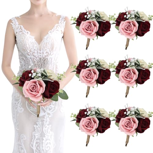 Set of 6 Artificial Bridesmaids Bouquets for Wedding -7 Inch Bridesmaid Bouquet Blush & Burgundy Silk Rose Pre-made Small Wedding Flowers for Bridal Shower Centerpieces Ceremony & Anniversary - color: Blush & Burgundy, size: 6pcs Bouquets