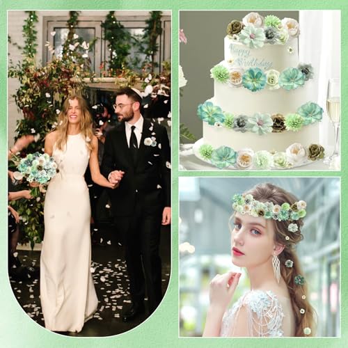 rongflower Faux Flower Heads Mini Green Artificial Flower Heads Fake Peony Daisy Rose Flowers Multicolor Small Silk Daisy Flower Heads for Craft Garland Wedding Party DIY Home Decoration,2-4 cm - color: Green