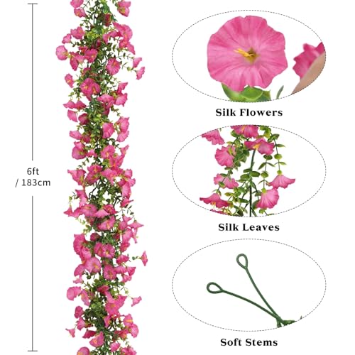 2 Pack Artificial Petunias Flowers Garlands for Outdoor, 6FT Pink Fake Morning Glory Flowers Vine Faux Silk Flowers for Home Garden Table Centerpieces Wall Wedding Decor(Pink) - color: Pink