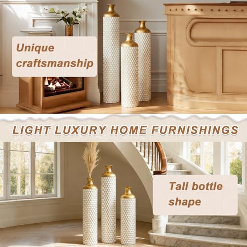 Tall Floor Vases Set of 3 for Decor Living Room Floor, White Vases Home Decor, Embossed Body Pattern, 33.4" H/28.74" H/24.4" H Geometric Cylinder (White 7) - color: White 7
