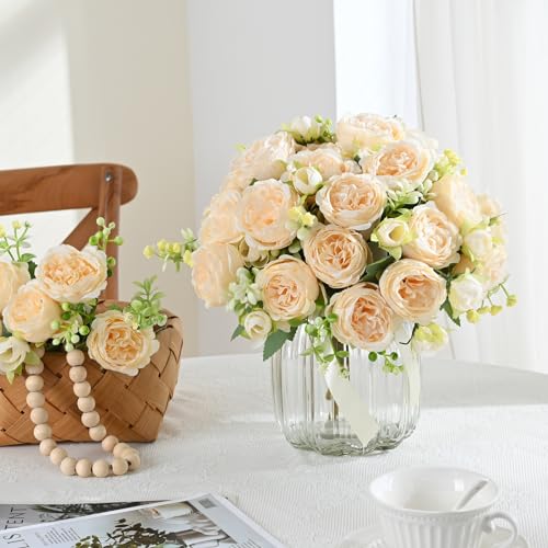 MARTINE MALL 4 Packs Peonies Artificial Flowers, Champagne Artificial Peonies, Silk Peonies Flowers Fake Peonies Artificial Flowers Peonies Bouquet for Centerpiece Table Wedding Party Home Decor - color: Champagne, size: 4PCS