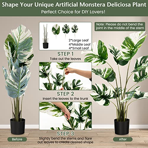 Goplus 4ft Artificial Monstera Deliciosa Plant, 2 Pack Tall Fake Tropical Palm Tree in Pot with 10 Decorative Split Leaves, Faux Swiss Cheese Plant for Floor Home Office Living Room Decor