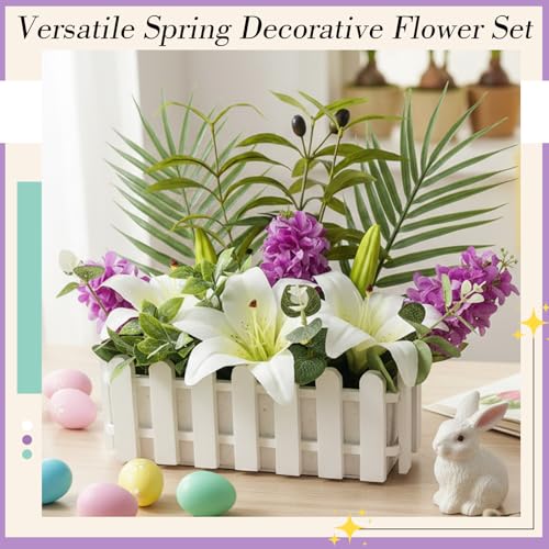 Floral Centerpieces for Tables Spring Flower Table Centerpieces for Dining Room in Picket Fence Pot Artificial Lily and Hyacinth Arrangement with Palm Leaves Eucalyptus for Home Wedding Kitchen Table