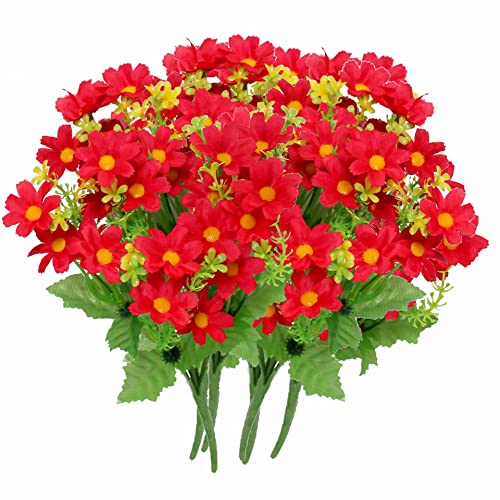 Artificial Daisy Flowers 6 Bundles, UV Resistant Fake Silk Flowers, No Fade Greenery Shrubs Plants for Garden Farmhouse Porch Wedding Indoor Outdoor Home Decor (Red) - color: Red