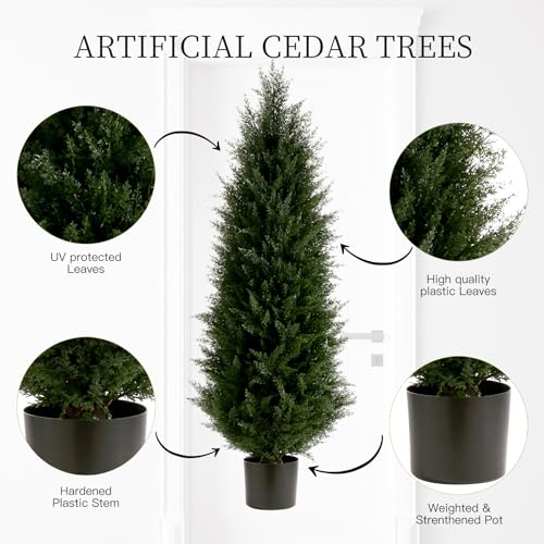 Artificial Topiary Tree Set of 2 Artificial Cedar Trees 4FT Uv Resistant Pine Potted Artificial Plants Outdoor Realistic Fake Plants Front Porch Decor Indoor Faux Cypress Trees