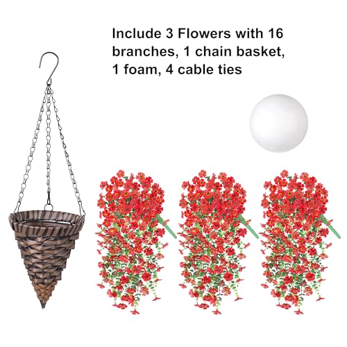 HyeFlora Artificial Hanging Flowers Basket for Outdoor, Fake Flowers Faux Plants Look Real for Yard Gardens Porch Patio Home (Red) - color: Red