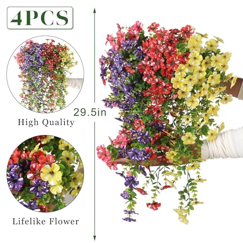 GLIDLION 4 PCS Artificial Morning Glory & Eucalyptus for Outside, Realistic Sun Resistant Fake Silk Hang Flower Faux Eucalyptus Leave for Patio Farmhouse Garden Porches Balcony Decor (Mixed Color) - color: Mixed Color