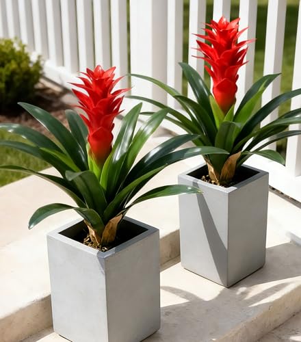 Ivydale Fake Flowers Plants for Outdoors, 2 Pcs 16.93" Bromeliad Artificial Flowers Uv Resistant Realistic Faux Flowers for Outdoor Planters Outside Porch Patio Yard Garden Indoor Decoration(Red) - color: Red