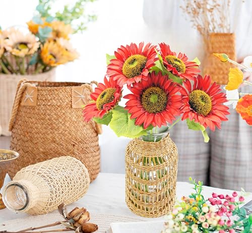 5pcs Artificial Red Sunflowers Vintage Fake Silk Sunflowers Fake Sunflowers Bouquet Large Decor for Home Hotel Office Wedding Party Garden - color: Red