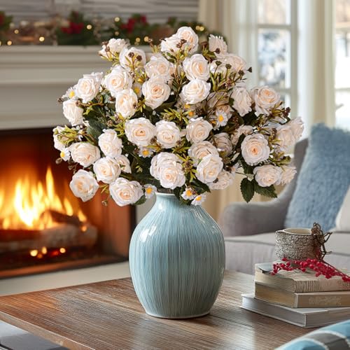 Artificial Rose Flowers for Outdoor 4 Bundles Rose Bouquet with Daisy Faux Flowers UV Resistant for Home Indoor Outside Garden Porch Window Box Balcony Yard Porch Fall Decor (White) - color: White