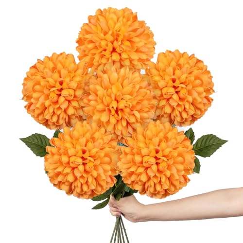 Briful [6PCS Autumn Artificial Chrysanthemum Flowers – 25.6” Long Stem Faux Silk Flowers with Large 6” Bloom Heads, Realistic Plastic Leaves – for Home Wedding Party Office Fall Decor (Orange) - color: 6'' Dia. 6pcs Orange