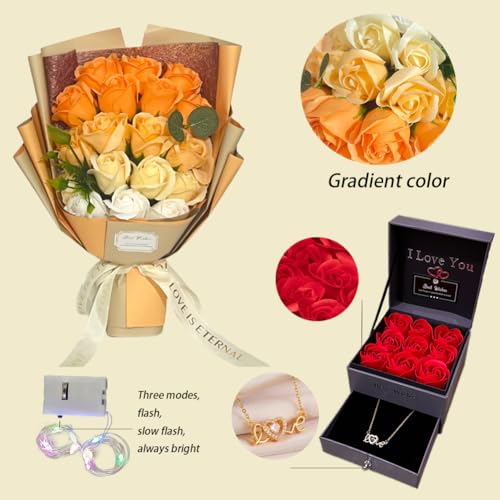 EIGHTOWN Roses Bouquet Artificial Flower - Preserved Orange Rose Flowers with Love Necklace for Her - Unique Gifts Valentine's Day, Mother's Day, Thanksgiving, Birthday, Anniversary - color: Orange