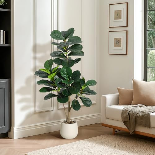 4 ft Fiddle Leaf Fig Tree Artificial with 48 Leaves - Realistic Faux Ficus Lyrata Trees in 7.8 in White Planter Pot, Indoor Fake Floor Plants for Home Office Living Room Decor, Housewarming Gift - color: With White Planter, size: 4ft