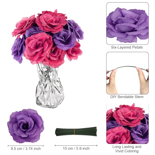 LELEE 108pcs Roses Head Flowers with Stem, Purple & Red Artificial Cemetery Flowers Rose Bulk, Violet Silk Rose for Flower Arrangements Spring Gravesite Funeral Bouquets Memorial Grave Decor - color: Wine-purple