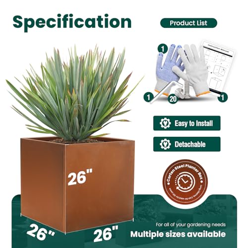 Corten Steel Planter Box Metal Square Planters 26 Inch Steel Large Outdoor Planter Tall Plant for Commercial Residential Patio and Backyard - color: Rust, size: 26" L x 26" W x 26" H