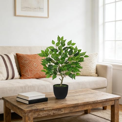 GnFlus Artificial Potted Plants Indoor,19" Faux Plants Ficus Leaves Trees in Pot Realistic Fake Plant Indoor Potted for Living Room Office Farmhouse Room Bathroom Bedroom Kitchen Plant Decor Green - color: Green