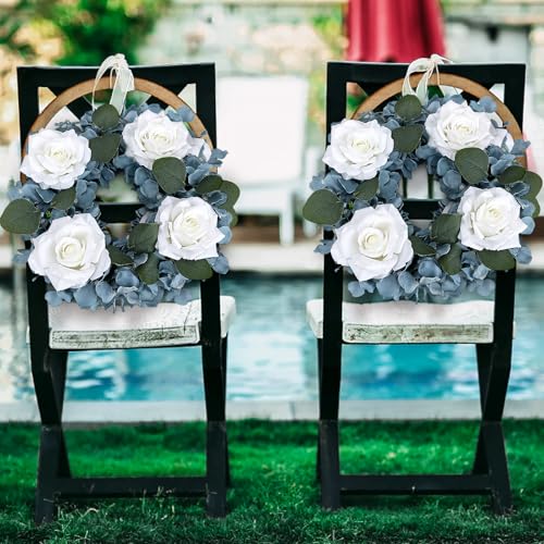 Artificial Flower Candle Rings - 6 Inch Inner Rose Floral Wreaths for Wedding Bridal Event Table Centerpieces Backdrop Decorations (Dusty Blue & White, 6 X Candle Rings) - color: Dusty Blue & White, size: 6 X Floral Wreaths
