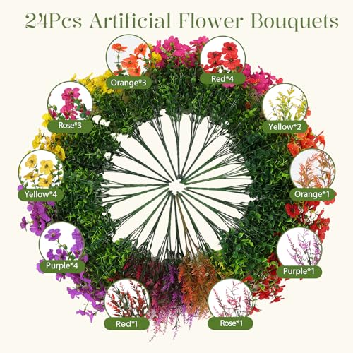 SHareconn 24 Bundles Artificial Flowers for Outdoors Decoration, Faux Plants Fake Silk Colorful Daisy Eucalyptus Lavender, UV Resistant for Outside Home Indoor Spring Decor, RedRosyPurpleYellowOrange - color: Redrosypurpleyelloworange