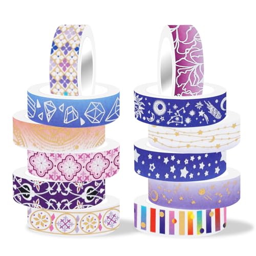 12 Rolls Galaxy Washi Tape Set Purple Stars Decorative Tapes Silver Gold Foil Masking Tape for Scrapbook Bullet Journal Planner DIY Art Craft Party Decor Gifts Wrapping - color: U