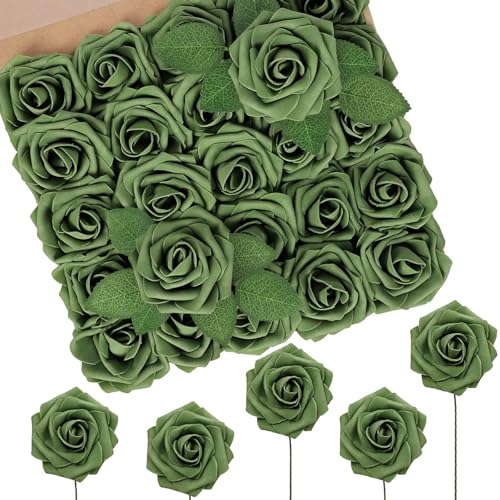 N&T NIETING Artificial Flowers Roses Army Green Foam Rose 50pcs Fake Flowers with Stem for DIY Wedding Bouquets Centerpieces Bridal Baby Shower Party Home Shower Arrangement Decoration - color: Army Green, size: 50pcs