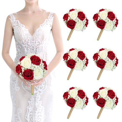 Burgundy Bridesmaids Bouquets Set of 6 - 7 Inch Artificial Flower Bouquet for Bridesmaid Pre-made Gypsophila Silk Rose Small Floral Bouquet for Wedding Bridal Shower Ceremony Anniversary Deocr - color: Burgundy Gypsophila Sage, size: Set of 6 Bridesmaid B