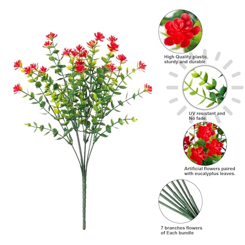 HyeFlora 20 Bundles Artificial Fake Outdoor Plants Flowers for Spring Decoration, UV Resistant Realistic Red Plastic Flowers Faux Plant Monkey Grass for Planter Home Garden Porch Patio Window Box - color: 12pcs Red Monkey Grass+8pcs Red Flowers
