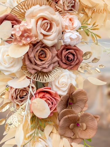 Lisuun Artificial Wedding Arch Flowers with Chiffon Runner, Pack of 3 | Includes 2 Flower Swags, 1 20ft Chiffon Runner and Zip Ties for Wedding Arches, Arbors and Backdrops - color: Champagne