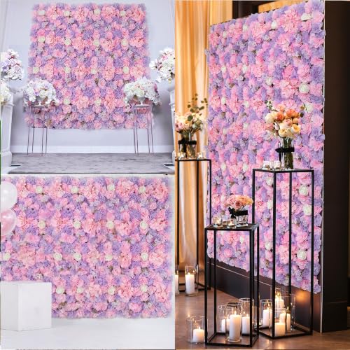 Flower Wall Backdrop 6 Piece of 16.5x16.5 Inch Artificial Floral Wall Panel Faux Silk Rose Wall Decor Ideal for Wedding Celebrations, Festive Party Backdrops, and Home Decor-Pink and Purple - color: Pink and Purple, size: 16.5inch
