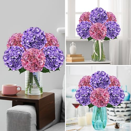 8pcs Hydrangea Artificial Flowers Purple Magenta Fake Silk Hydrangea Flower Stems for Bouquets UV Resistant Realistic Faux Plants Home Outdoor Wedding Party Centerpieces Decor (Purple, Magenta, 8 PCS) - color: Purple, Magenta