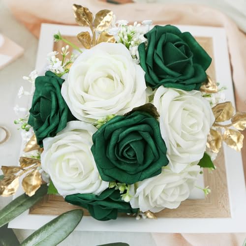 Wedding Bridesmaid Bouquet Set of 2 - Artificial Flowers Bouquets for Bridesmaids Pre-made 7 Inch Faux Small Floral Bouquets Bridal Shower, Wedding, Ceremony, Anniversary - Emerald & White & Gold - color: White & Emerald & Gold, size: Set of 2 Bridesmaid