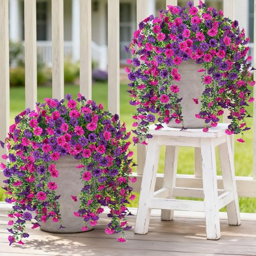 Artificial Hanging Petunias Flowers for Outdoor, 4pcs Fake Plants Long Vine Morning Glory Eucalyptus, UV Resistant Realistic Faux Greenery Indoor Outside Patio Porch Garden Spring Summer Decor, Purple - color: Dark Purple Light Purple, 4pcs