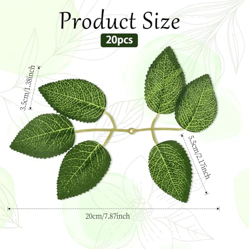 JJUNW 20Pcs Artificial Roes Leavesn, Artificial Green Leaves, Greenery for Centerpieces, Fake Rose Flower Leaves for DIY Bouquets, Wedding Party Birthday Proposal Decorations