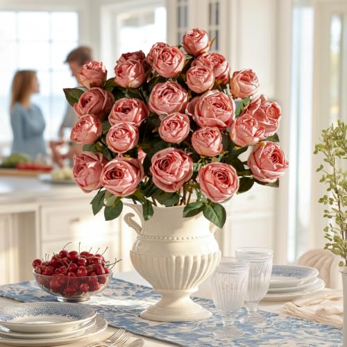 Old Fashioned Artificial Rose Bouquet 20pcs Silk Fake Rose Flowers Loose Open Rose Arrangement Realistic Faux Floral for Wedding Anniversary Valentine Gift Home Kitchen Decor(Pink) - color: Light Pink