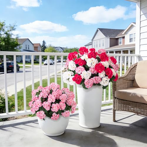 Ammyoo Artificial Geranium Flowers for Outdoors Decoration, 6 Pcs Fake Silk Geraniums Flower UV Resistant Look Real Faux Plants for Spring Garden Porch Planter Yard Table Centerpieces Decor - color: Pinkwhiterose-red