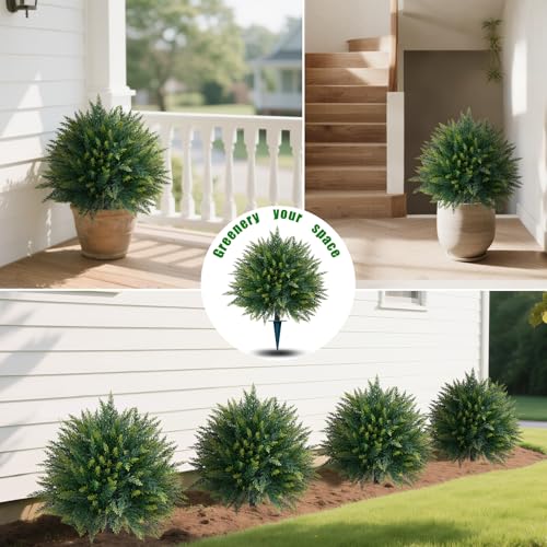 Yangrass 4PCS Artificial Cedar Topiary Ball Trees 23" for Outdoors with Ground Spike, UV Resistant Artificial Cypress Trees, Evergreen Shrubs Bushes Faux Plants for Front Porch Garden Backyard - color: 4pcs Cypress