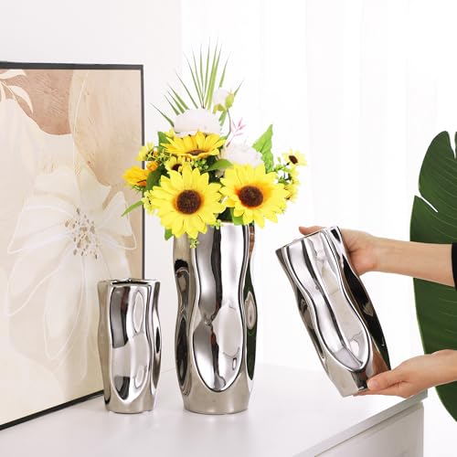 Wave Ceramic Vase - Modern Silver Shiny Finish, Pentagon Shape for Dried Flower Arrangement for Living Room Bedroom Office Decor, Small, 7" H - size: Small 7.48"
