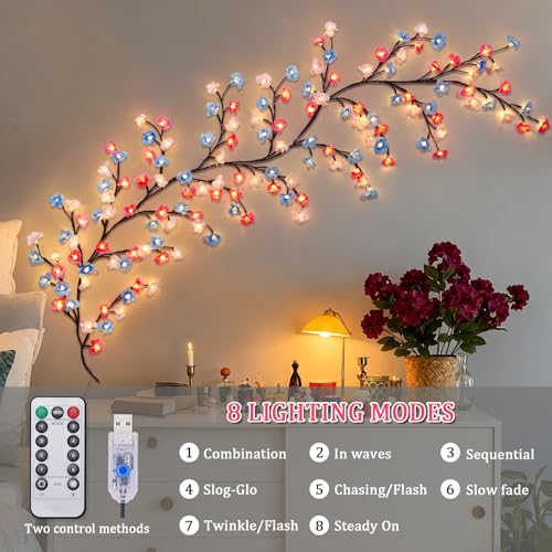 7.55 FT 144 LED Cherry Blossom Tree Branch Lights for Wall,8 Modes Artificial Pink Cherry Blossom Garland with Remote and Timer,Willow Vine Lights (144 LED Three-Color Cherry Blossom) - color: 144 LED Three-Color Cherry Blossom
