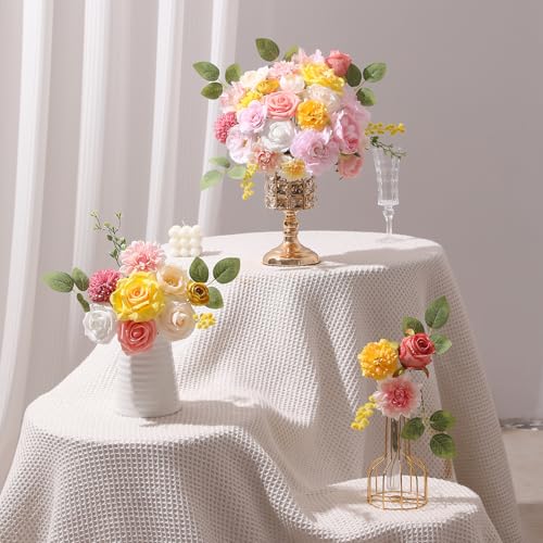Garisey Artificial Flowers Combo, Mix Silk Flowers Roses, Peonies, Dahlias with Stems for DIY Wedding Bridal Bouquet, Baby Shower, Table Centerpieces, Home Decor, Floral Arrangements-Pink Yellow - color: Pink Yellow
